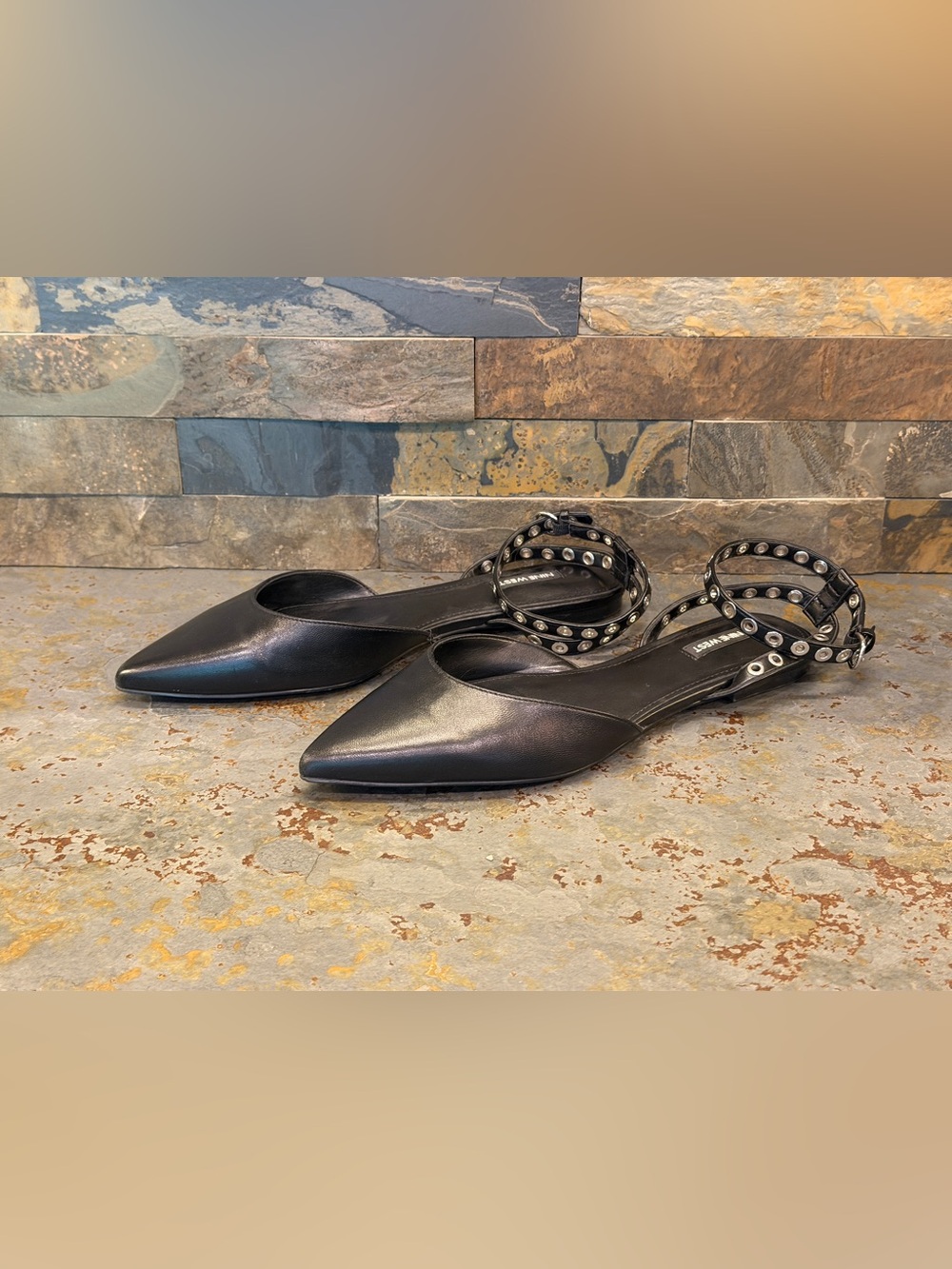Nine West Size 10 Black Studded Ankle-Strap Wrap Pointed Flats